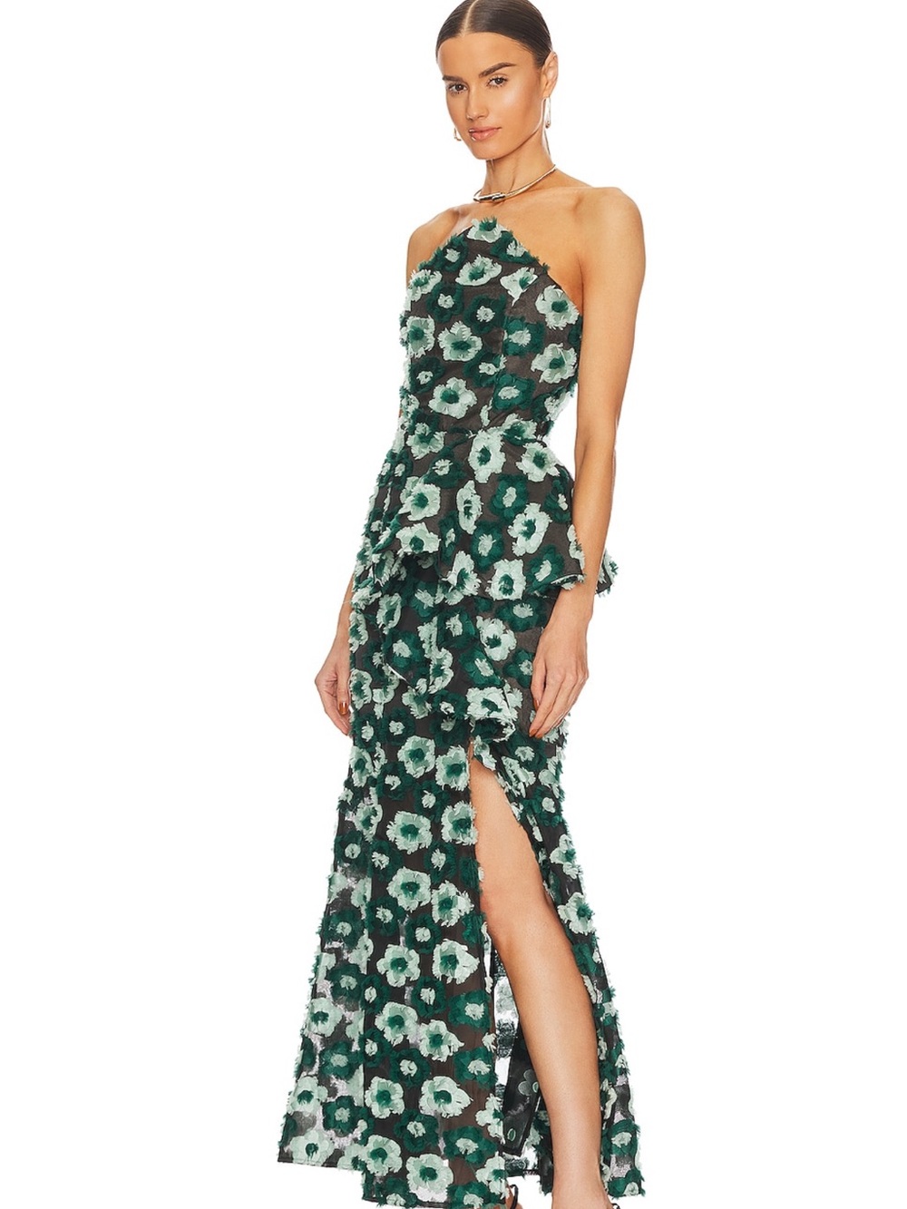 Elliatt Strapless Floral Appliqué Gown in Dark Green and White